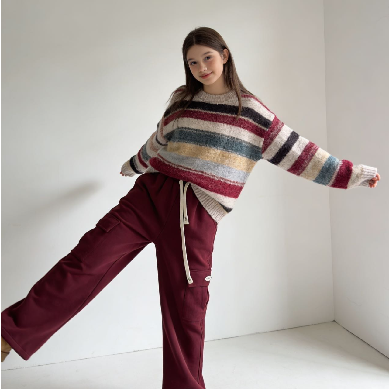 83555高端专享儿童加绒工装裤酒红（飞飞）