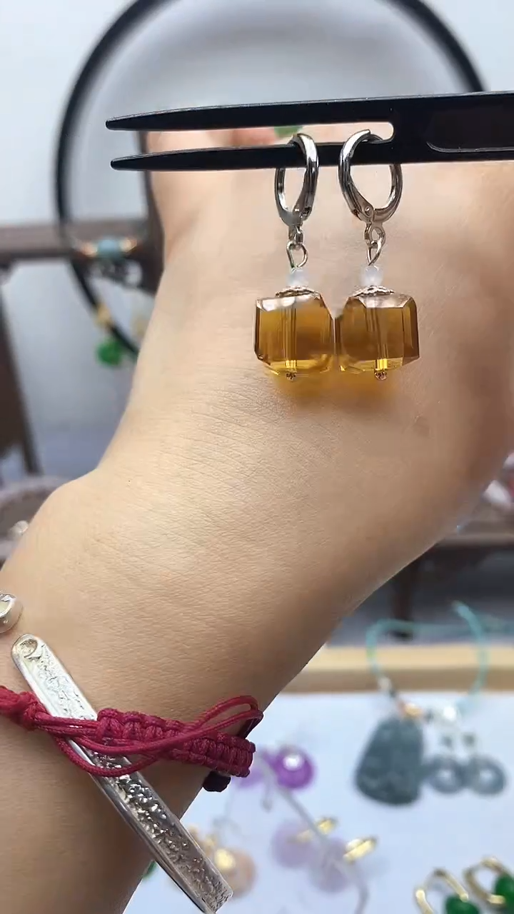 水晶耳饰银S925镶嵌黄水晶78