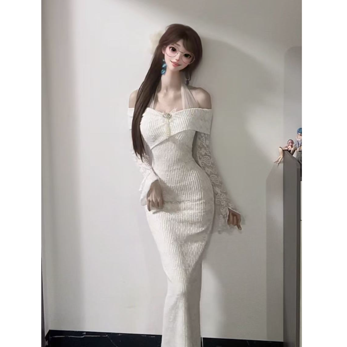 白白【温柔似水】【长裙】纯欲风一字肩冬季包臀连衣裙-SBBYN407912