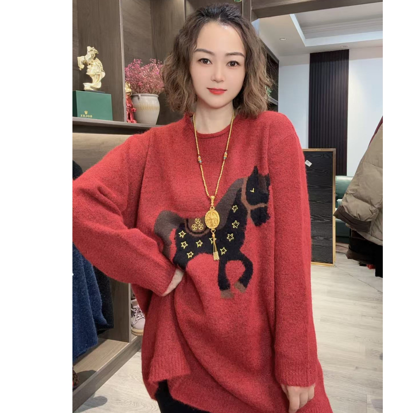 【马上有前2171】刺绣圆领厚实百搭时尚休闲毛针织衫慵懒套头上衣