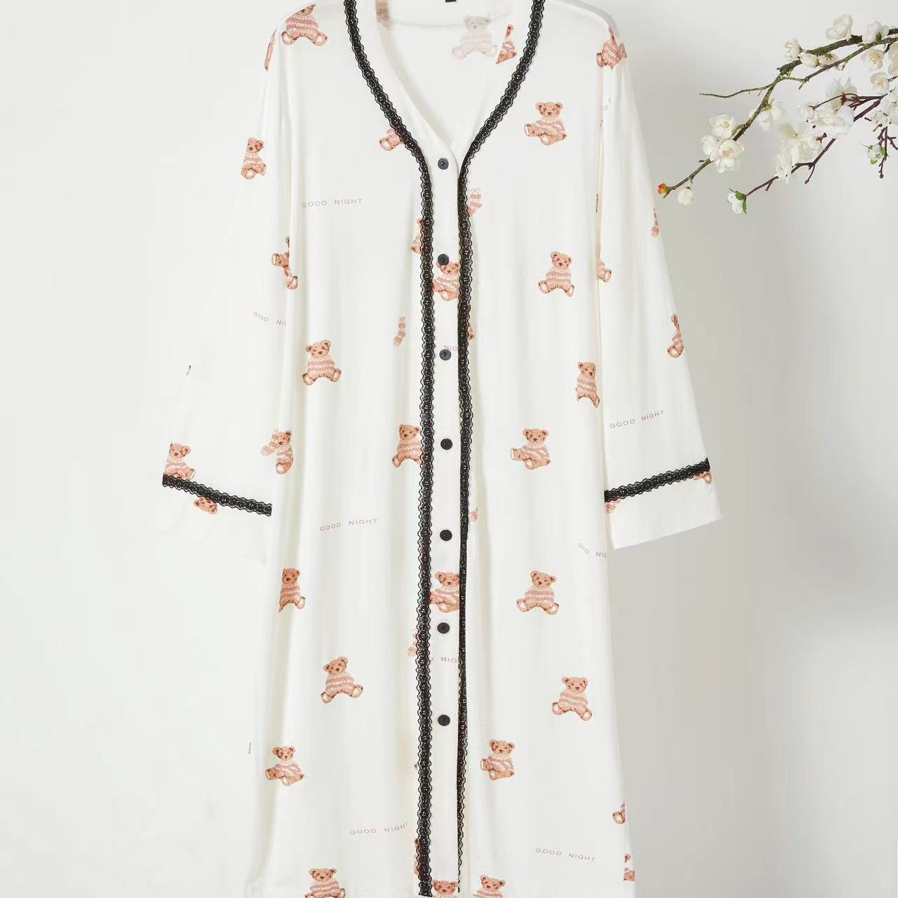 春秋款纯棉七分袖日系风开衫睡裙