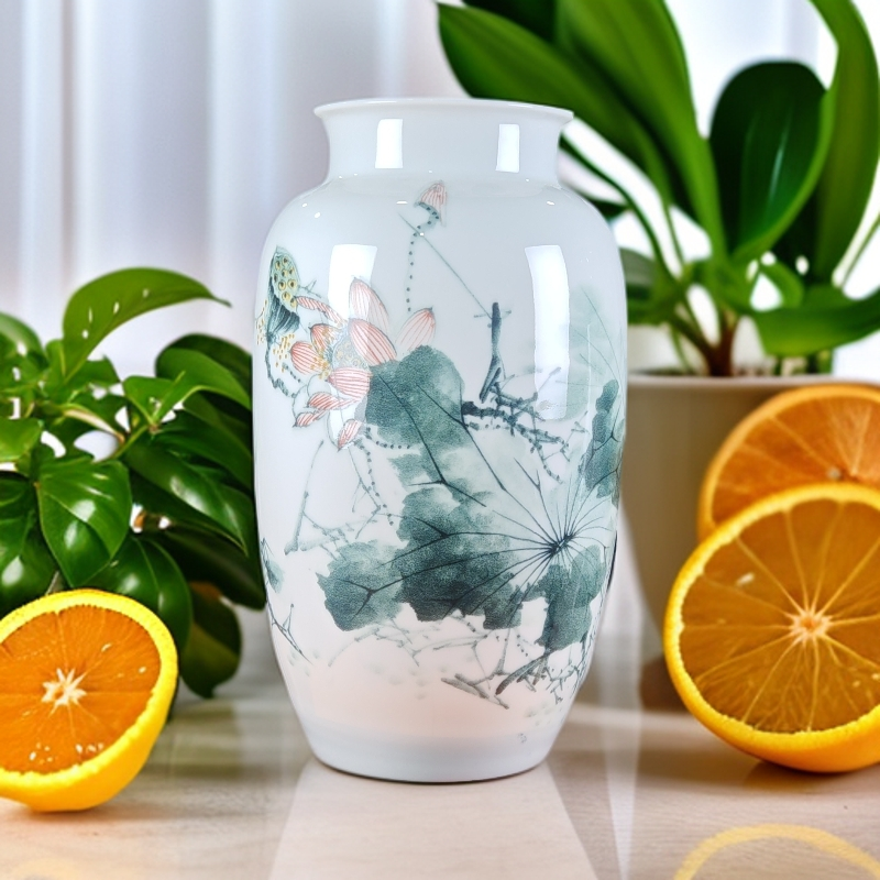 景德镇陶瓷手绘荷花花瓶客厅插花花器现代中式装饰品手工
