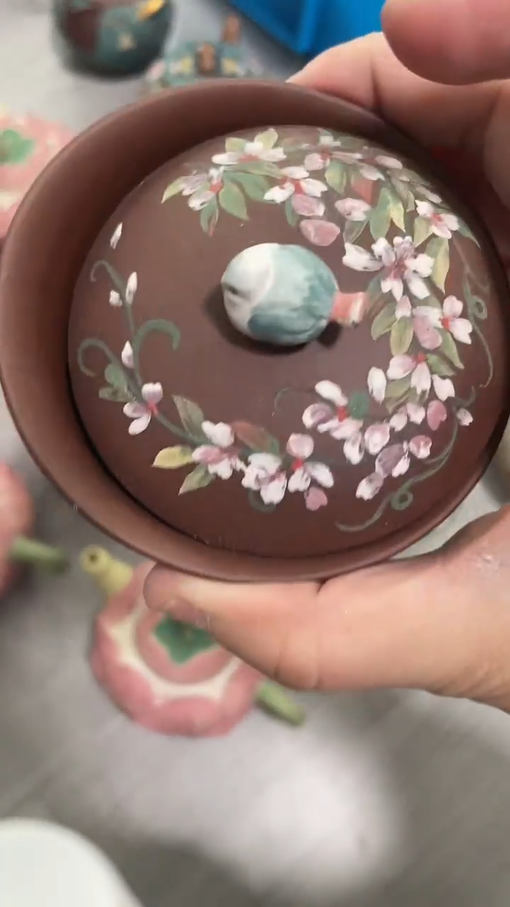 茶壶紫砂紫泥紫荆花小鸟盖碗微瑕