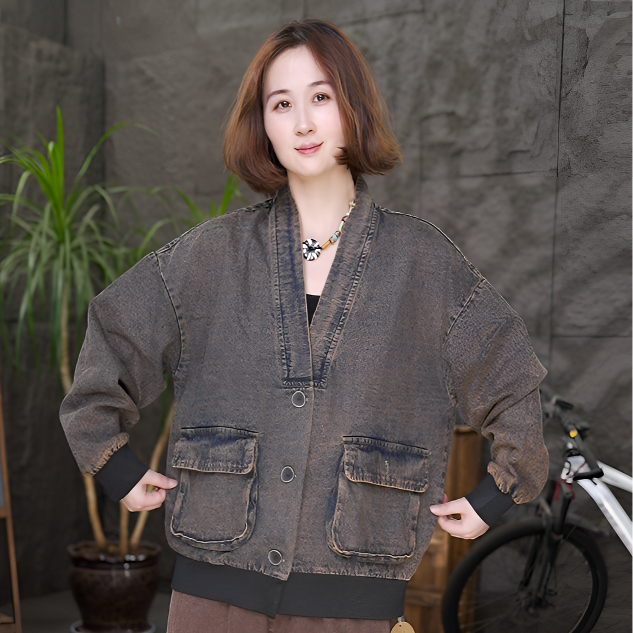 qq短外套厚款拼接插肩袖耐磨复古薄款女文艺外套水洗休闲百搭