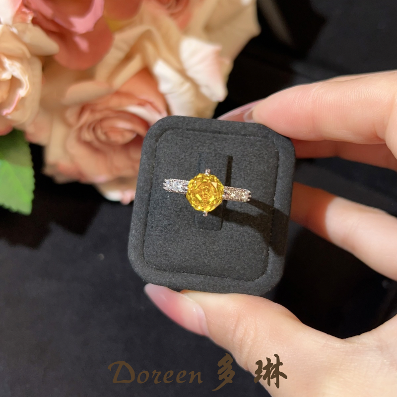 铜合金戒指 黄色玫瑰切皇冠托戒指XS1179