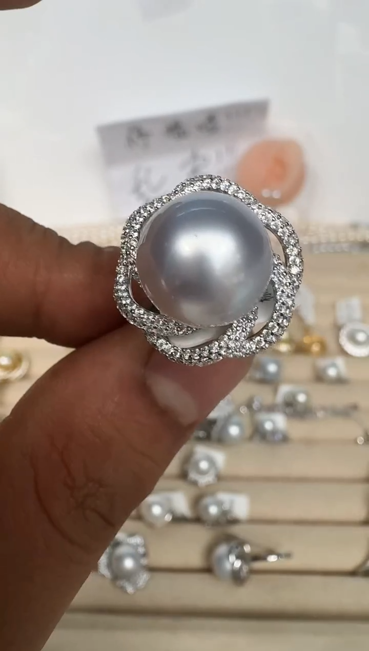 银S925镶嵌戒指海水珍珠戒指