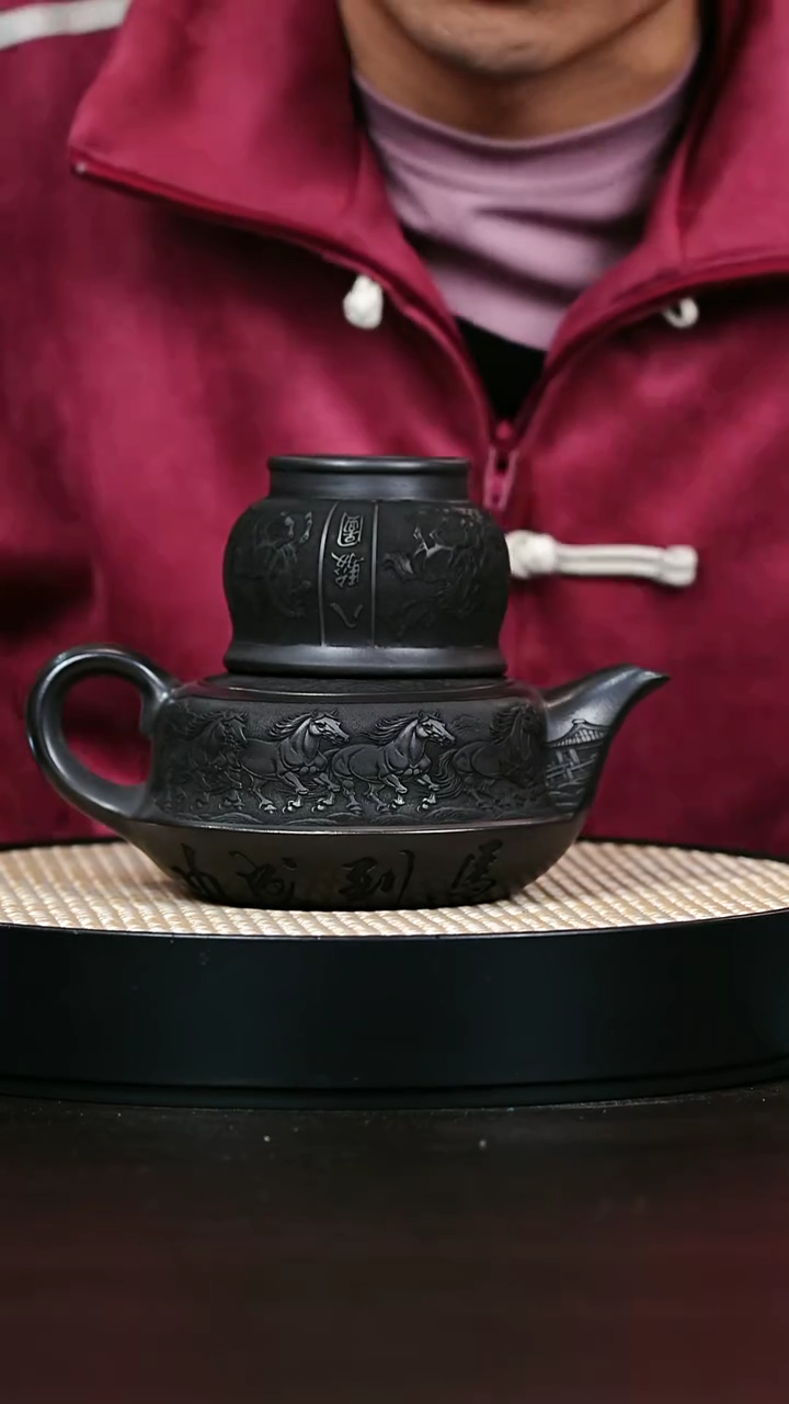 茶壶紫砂S级石黄八骏曲壶500cc