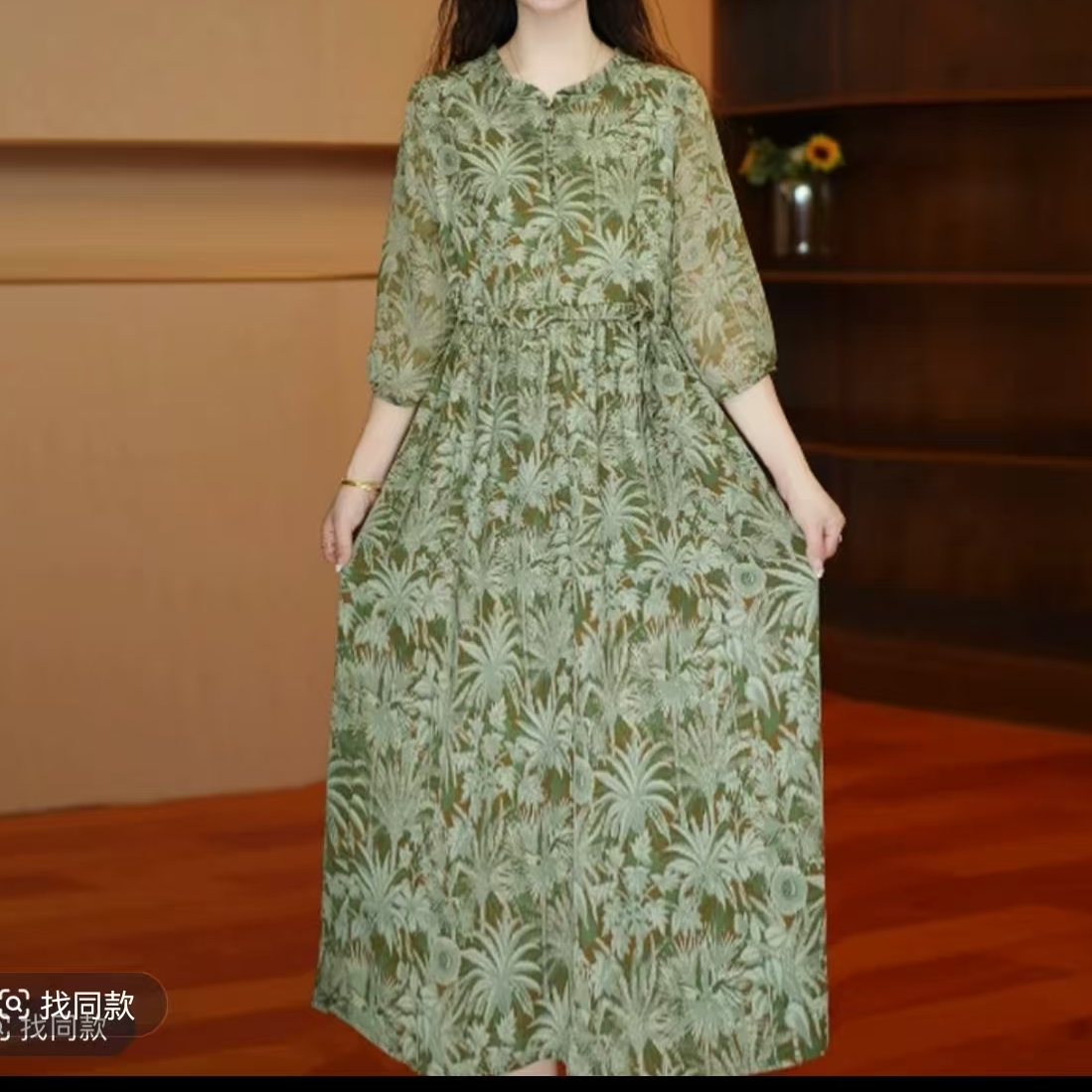 1011绿叶高端领透气夏季妈妈装连衣裙