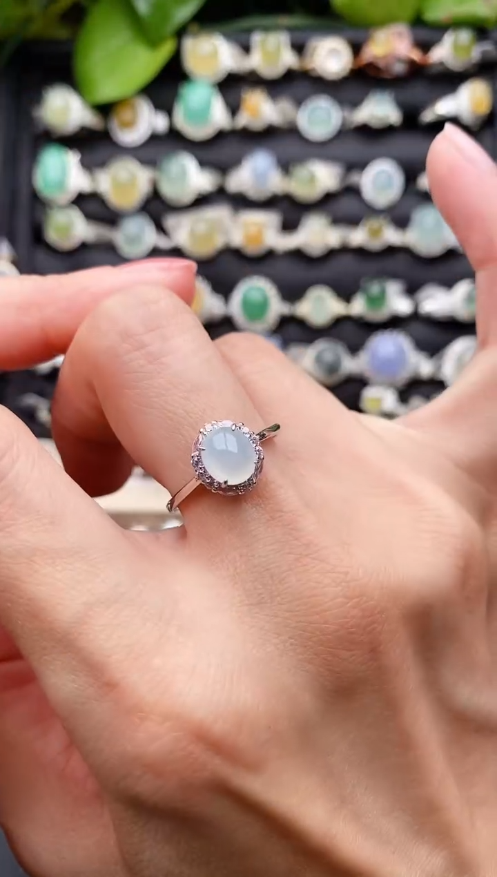 【闪购商品】翡翠戒指银S925镶嵌缅甸天然A货翡翠66  6-