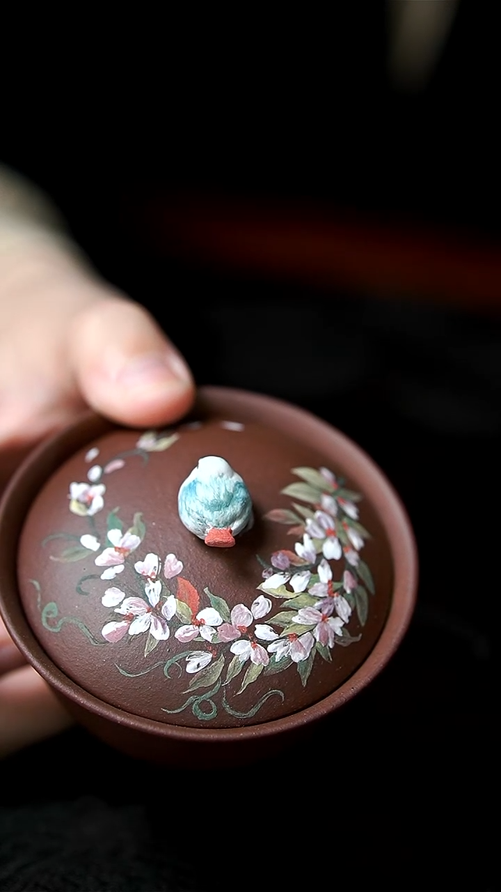 茶壶紫砂紫泥紫荆花小鸟盖碗