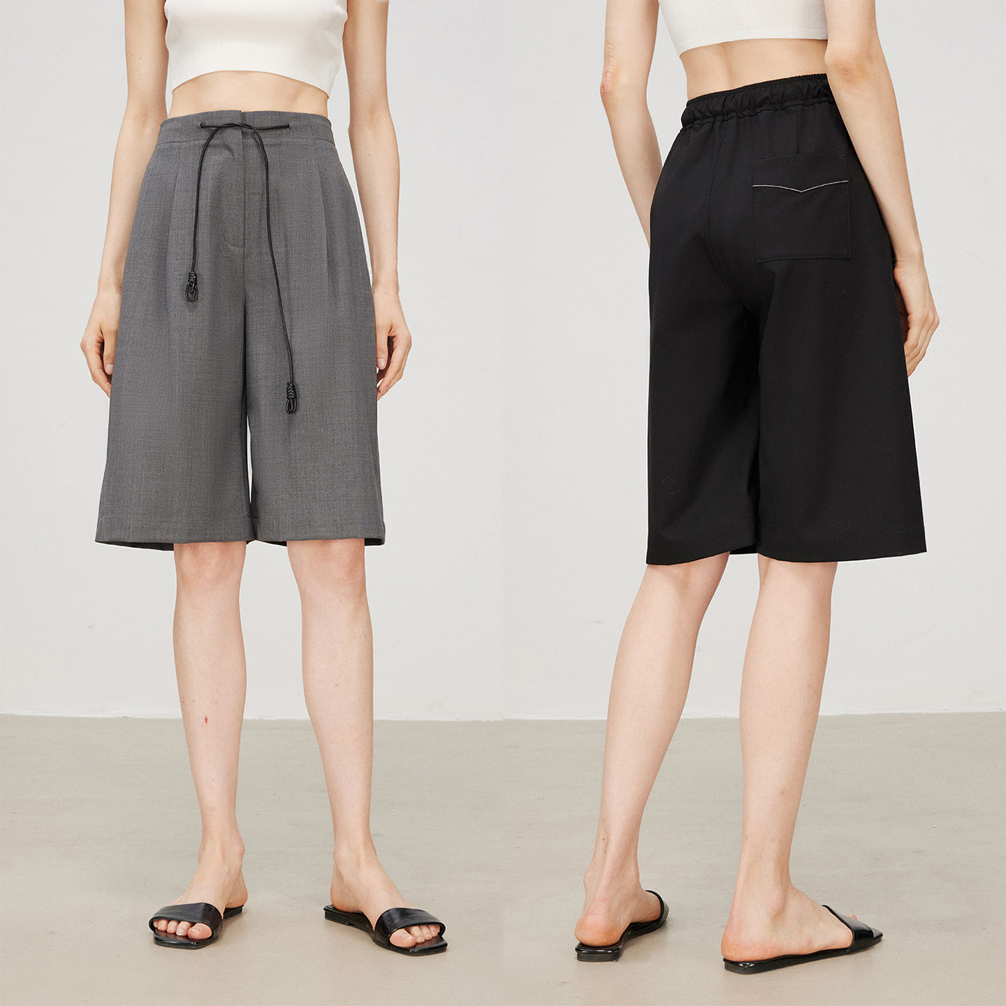 MARIUS美利奴精纺羊毛立体廓形百搭经典百慕大羊皮抽绳中裤