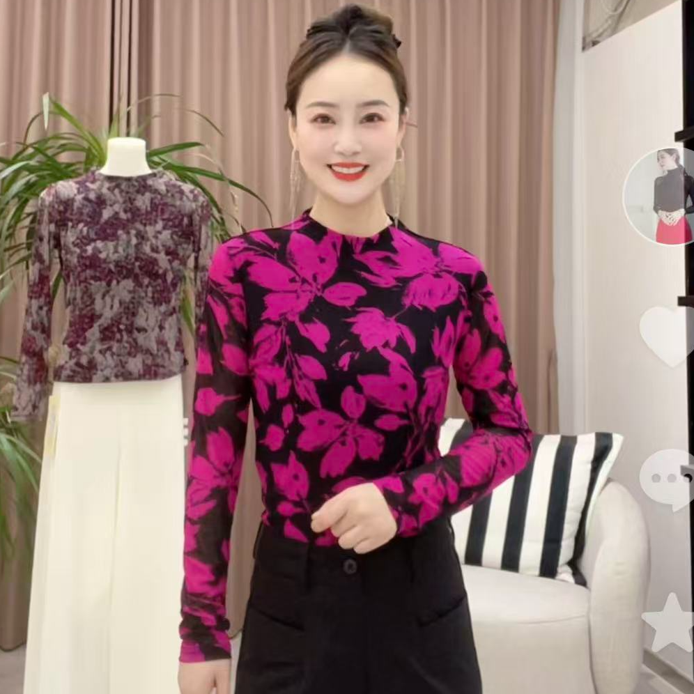 气质长袖印花打底衫女时尚显白修身T恤法式时髦上衣潮流舒适小衫