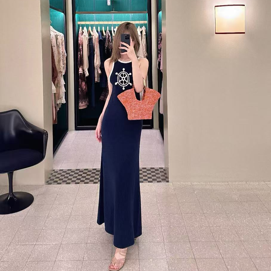 【CHANMITY】25/FW藏青航海舵章纹撞色织带挂脖吊带连衣裙 02510133