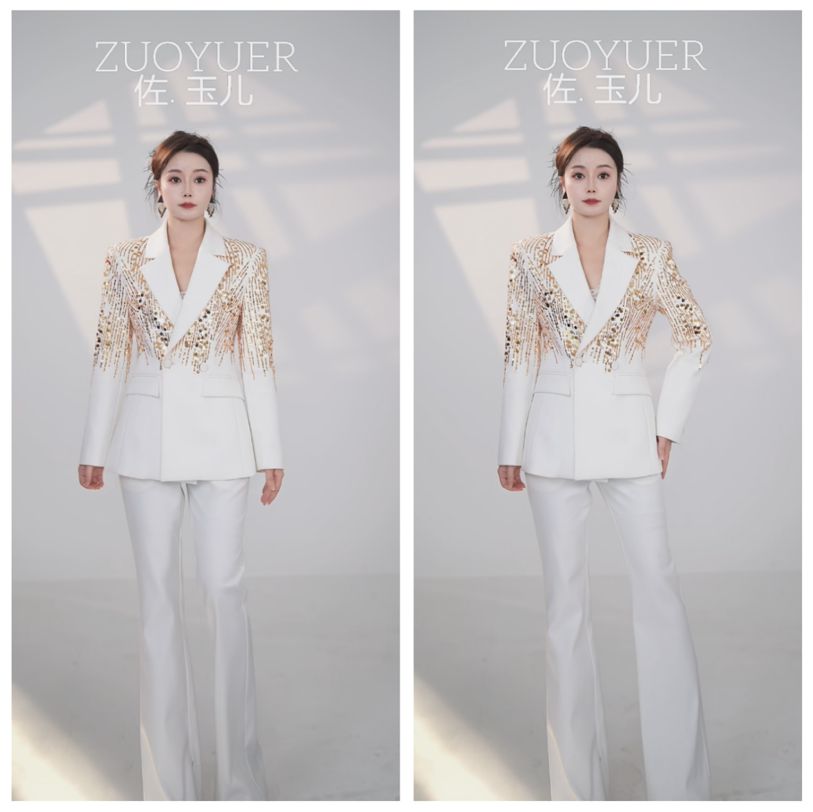[OU.Mi]秋季新款优雅白色长袖套装手工亮片点缀西装两件套0905