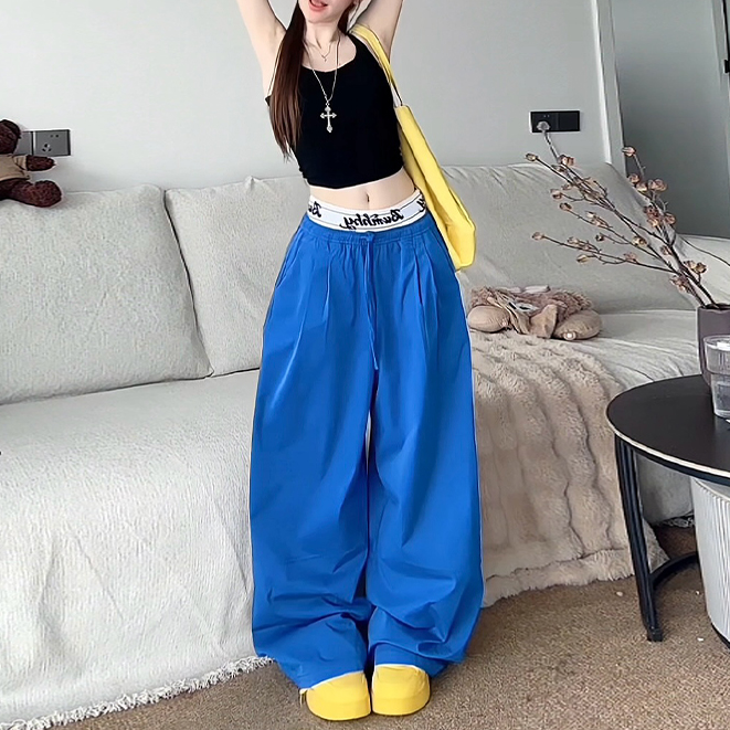 新款松紧抽绳阔腿拼接裤子直筒遛弯裤纯色简约LB41026