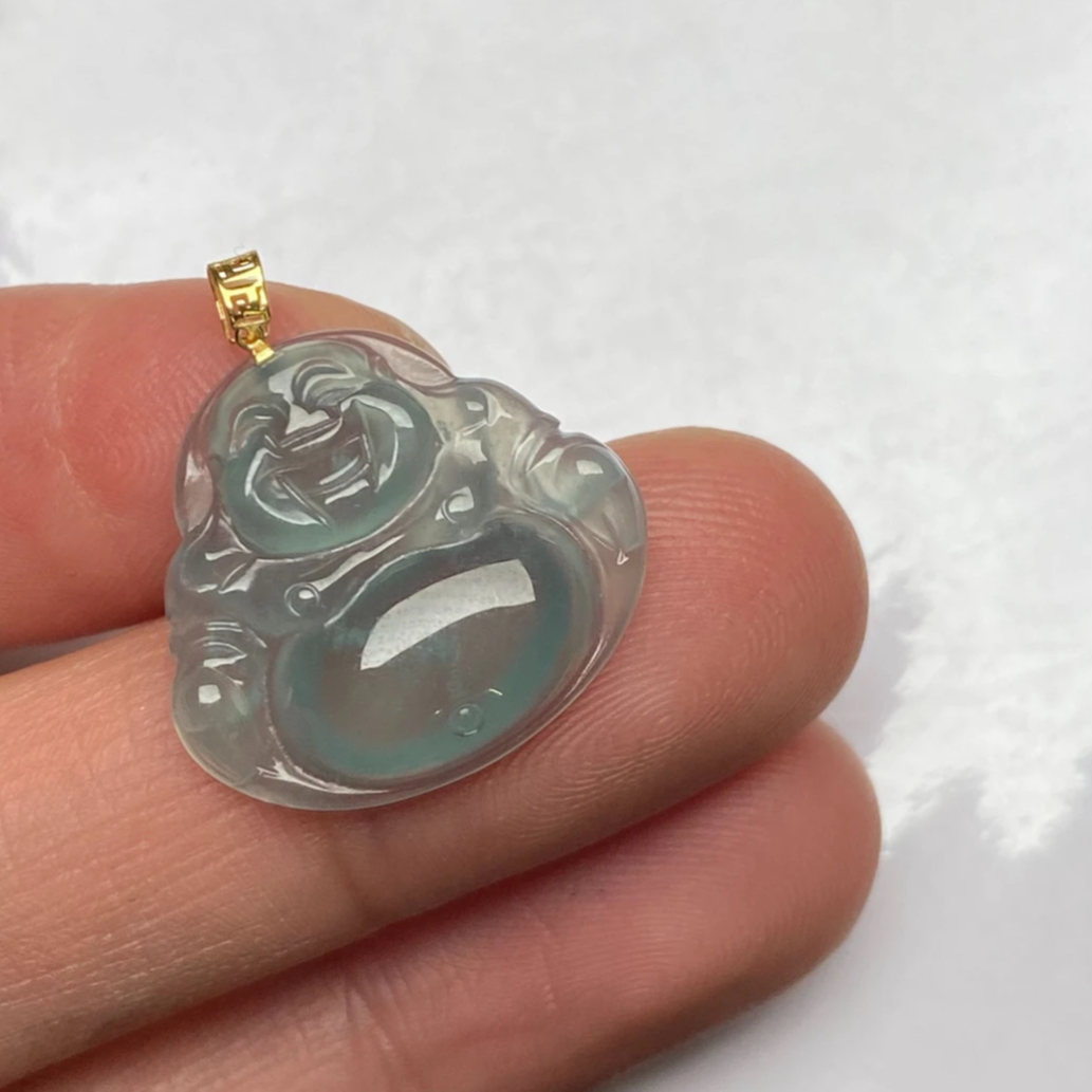 天然翡翠佛公带18K金扣头吊坠