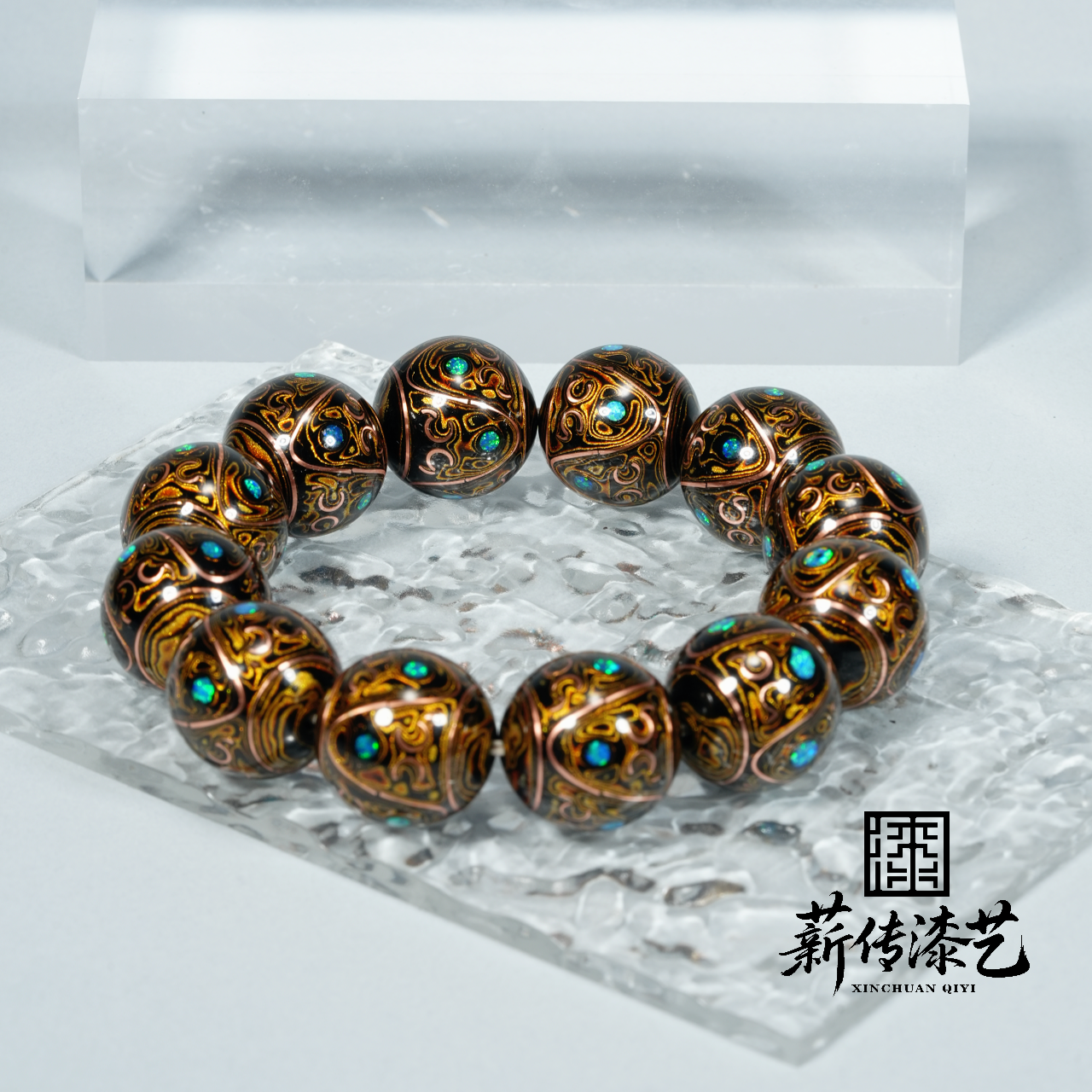 【薪传漆艺】非遗大漆 窃曲纹黑金手串 335OPTS20m