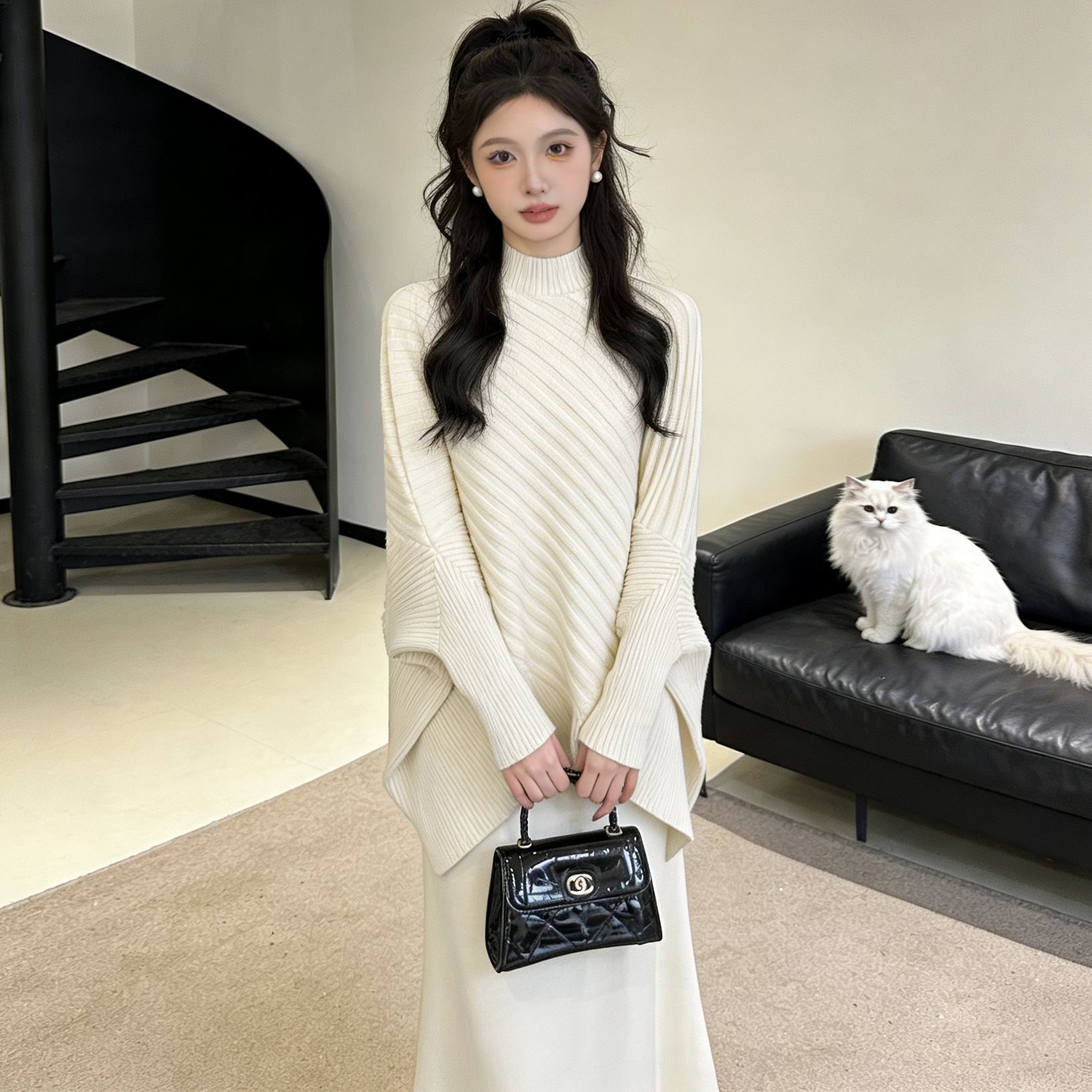 法式不规则蝙蝠袖高领毛衣女2025新款秋冬季慵懒风针织衫上衣8082