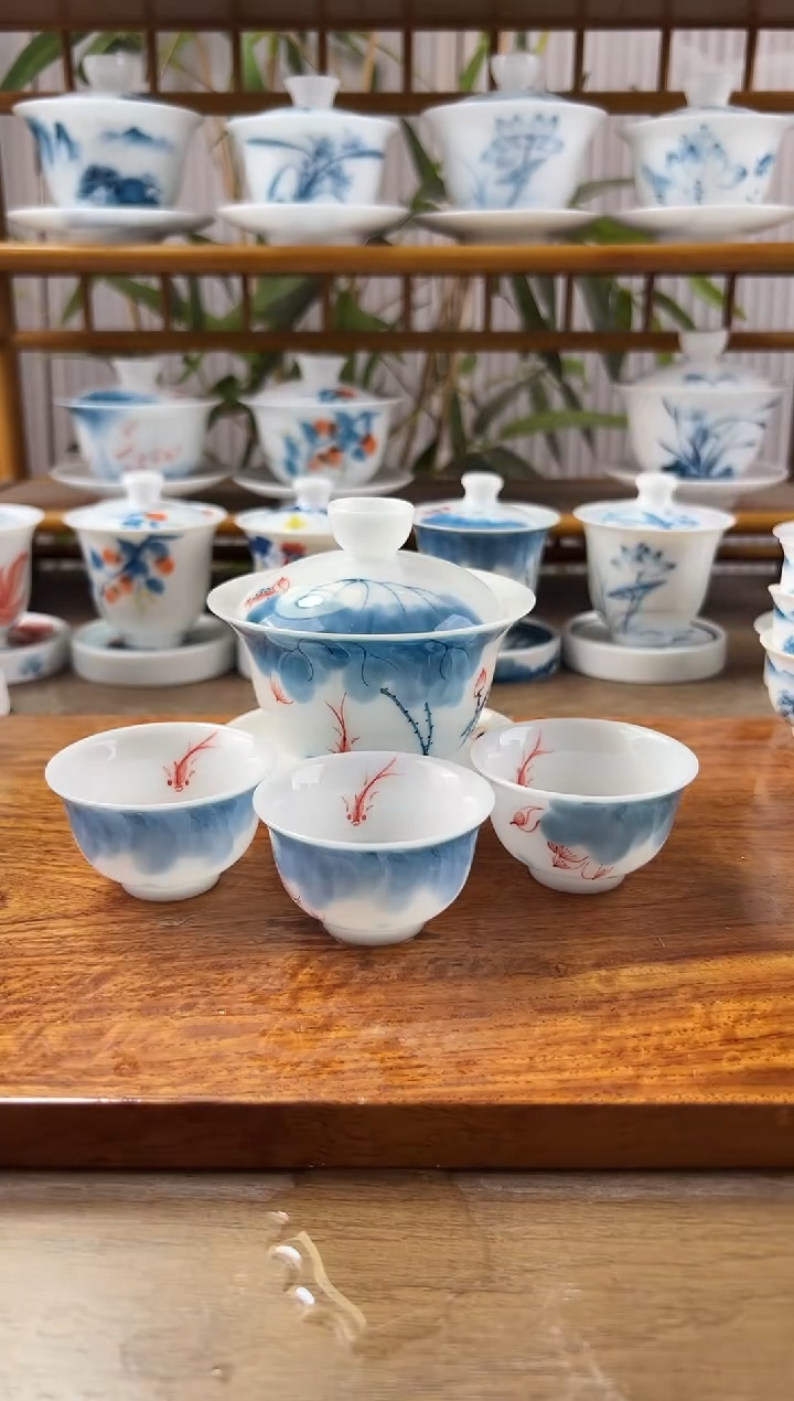 锋*微瑕高冰线条莲150ml三才盖碗+小和顺杯5个