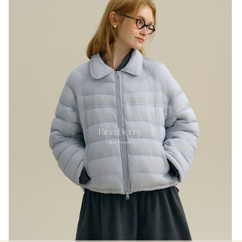 Rina Berry排骨娃娃领外套白鸭绒设计感蓝色宽松冬季百搭羽绒服