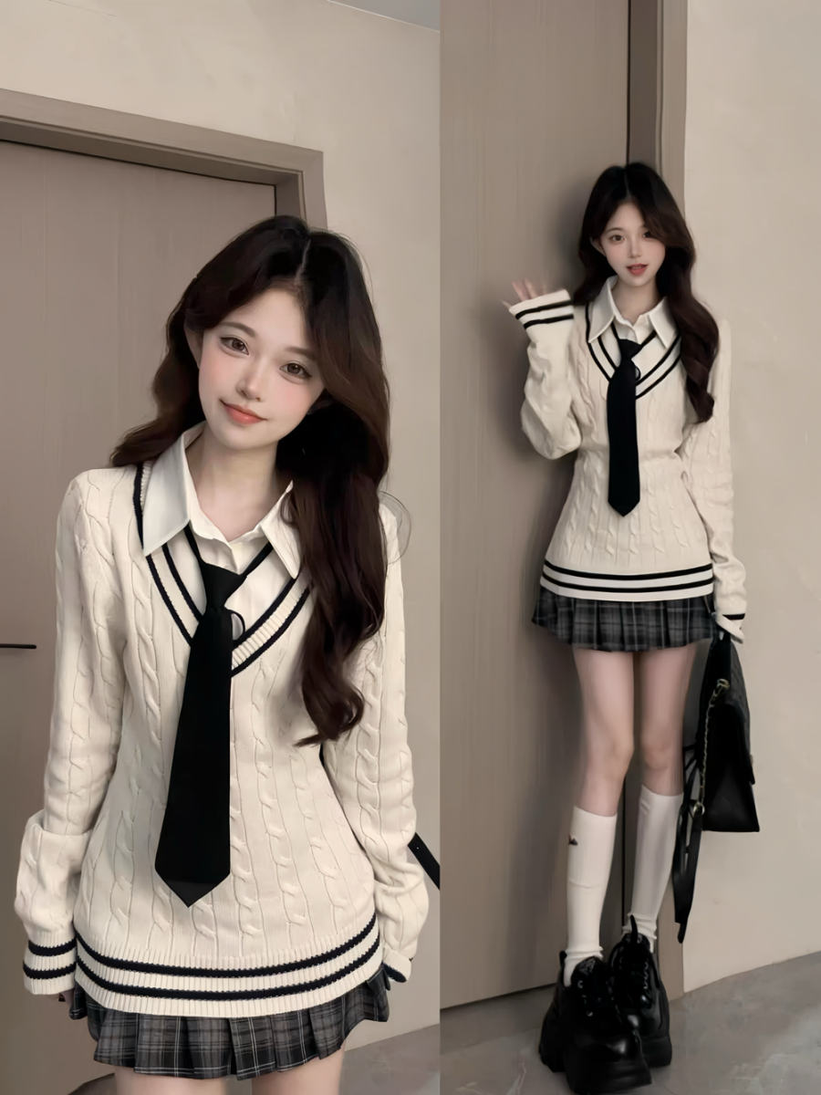 韩系穿搭假两件针织衫学院风衬衫领拼接毛衣巨好看的早秋上衣女