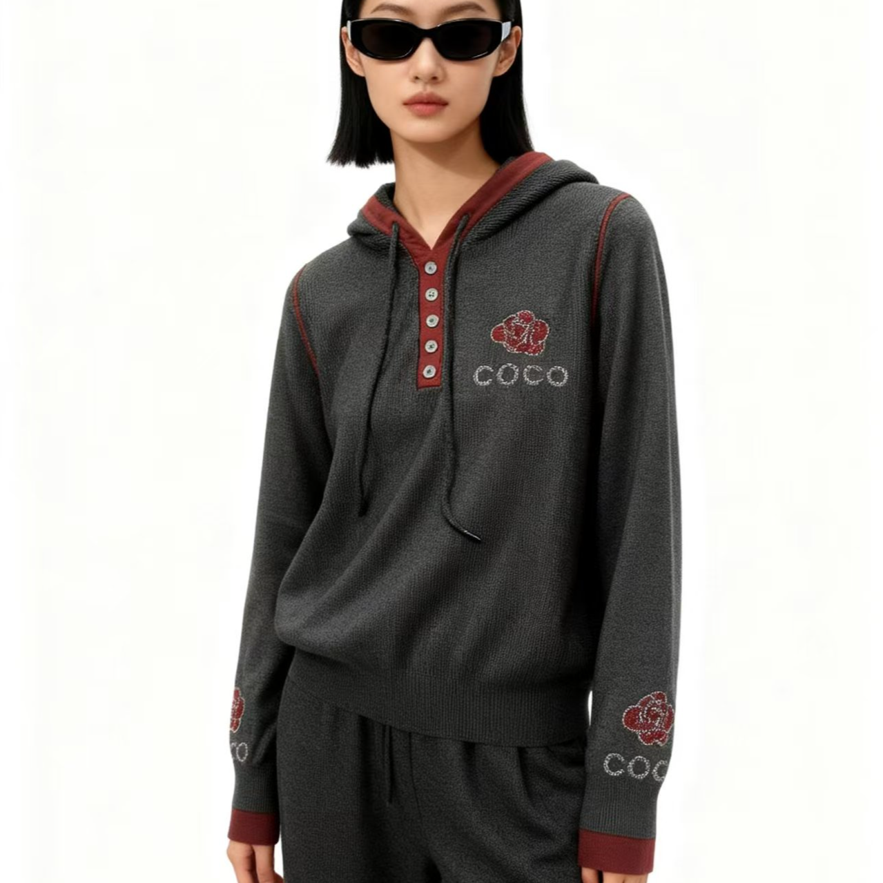 新款休闲纯色连帽针织衫上衣-9636-A323