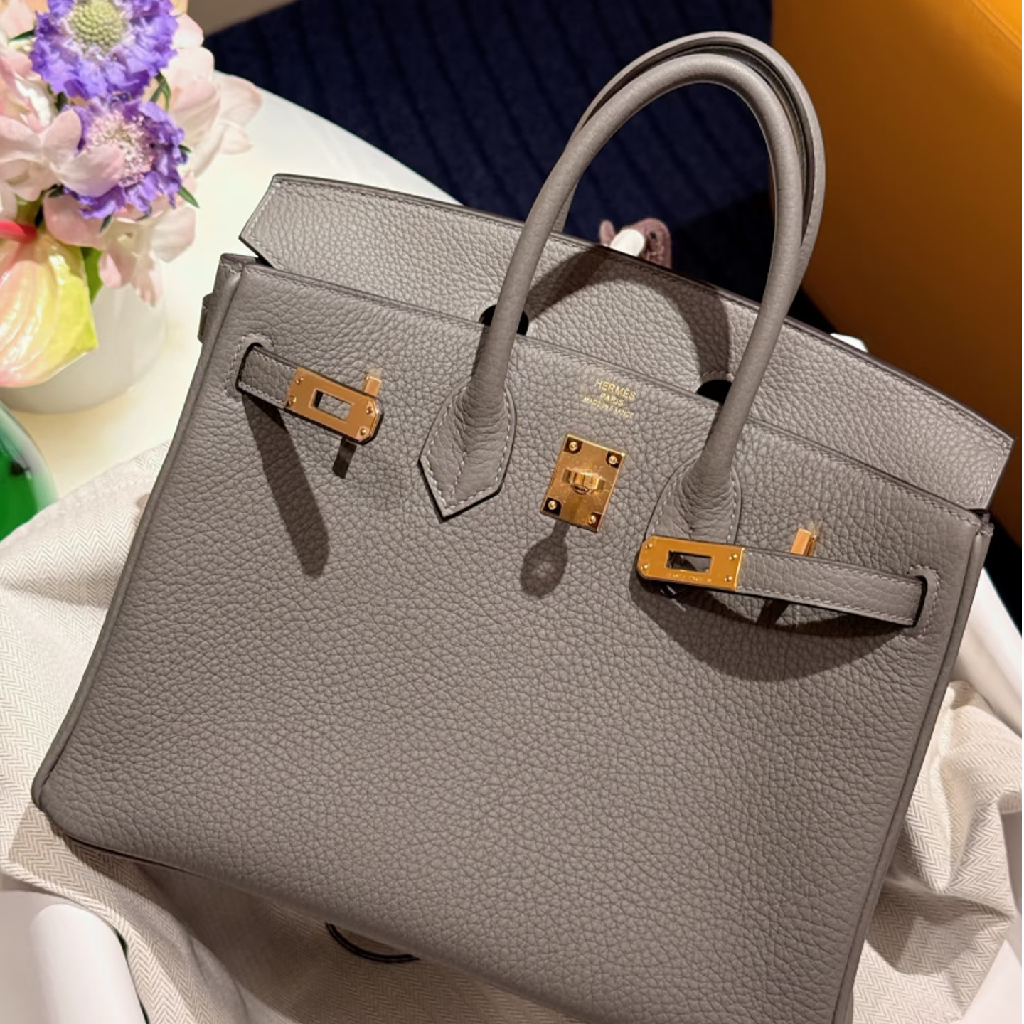 未使用 Hermes/爱马仕 蔚蓝/积雨云灰金扣 birkin 30 K刻