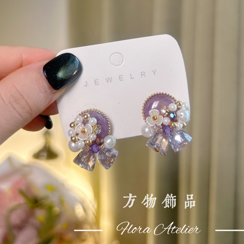 合金耳饰 耳环原创设计定制款耳饰甜美紫色铃铛淡水珠手作耳钉