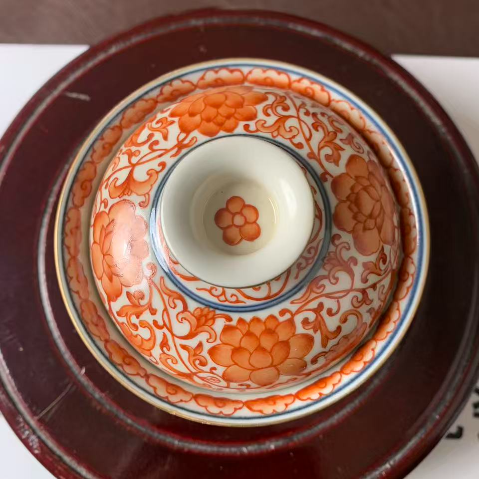 景德镇全手工纯手绘红绿彩万花两才盖碗