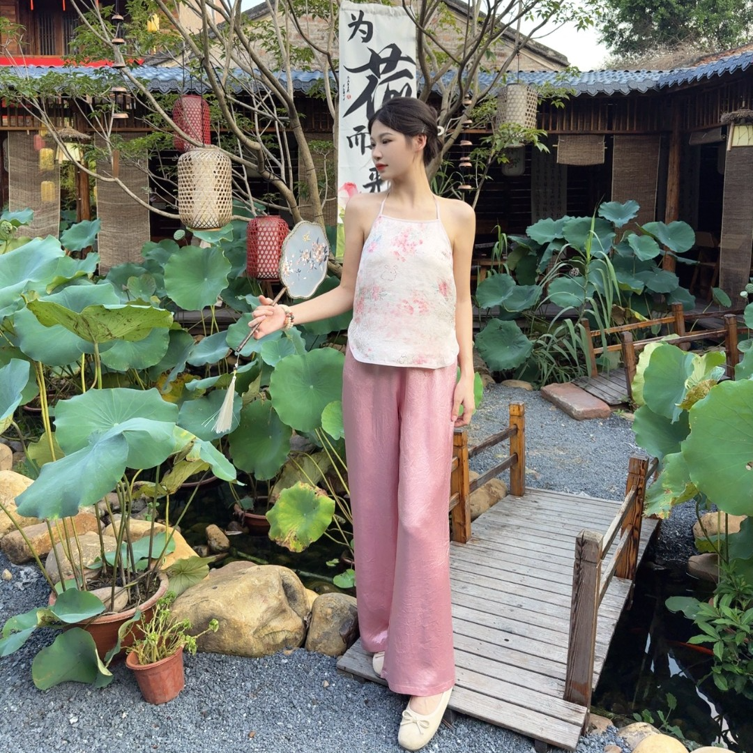 【罗衣雅颂】1002 新中式长裤直筒醋酸裤子国风穿搭气质粉色百搭款