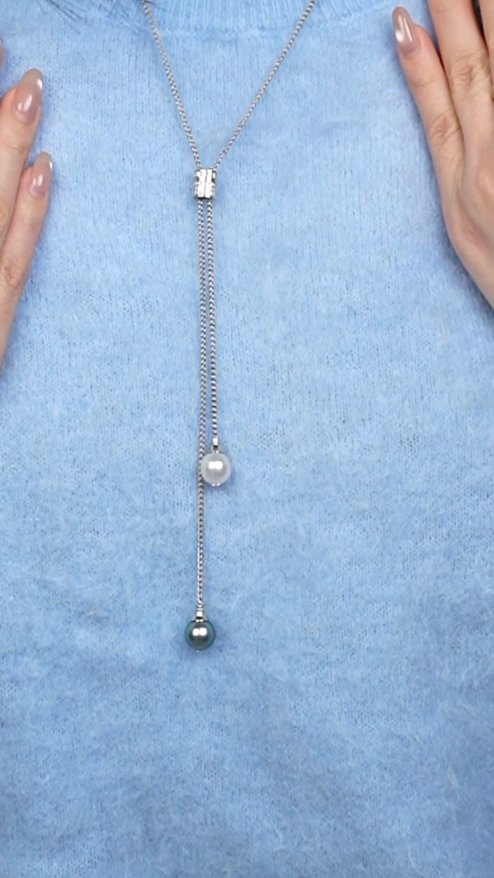 项链银S925镶嵌海水珍珠澳白大溪地双珠毛衣链