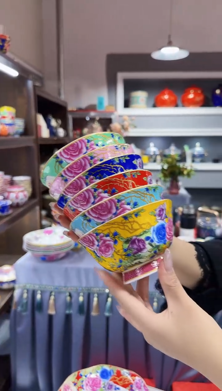 珐琅 4.7英寸花口碗6个景德镇陶瓷混色  