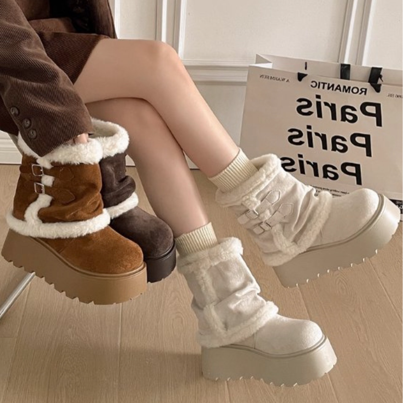 南在南方复古白色厚底雪地靴女2025新款冬季保暖外穿加绒东北棉鞋