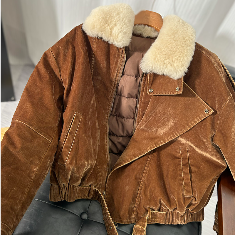 时尚牛仔植绒90白鹅绒派克服设计师款冬季皮毛一体宽松型6709