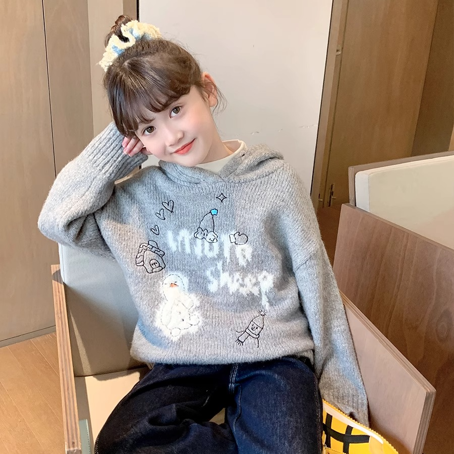 女童加厚连帽毛衣外套2025秋冬款儿童中大童针织衫上衣 A24411