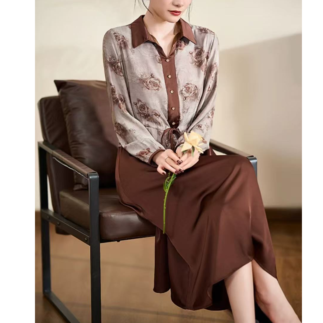 【撤柜样品】X347秋冬季气质百搭连衣裙女咖啡商家提供