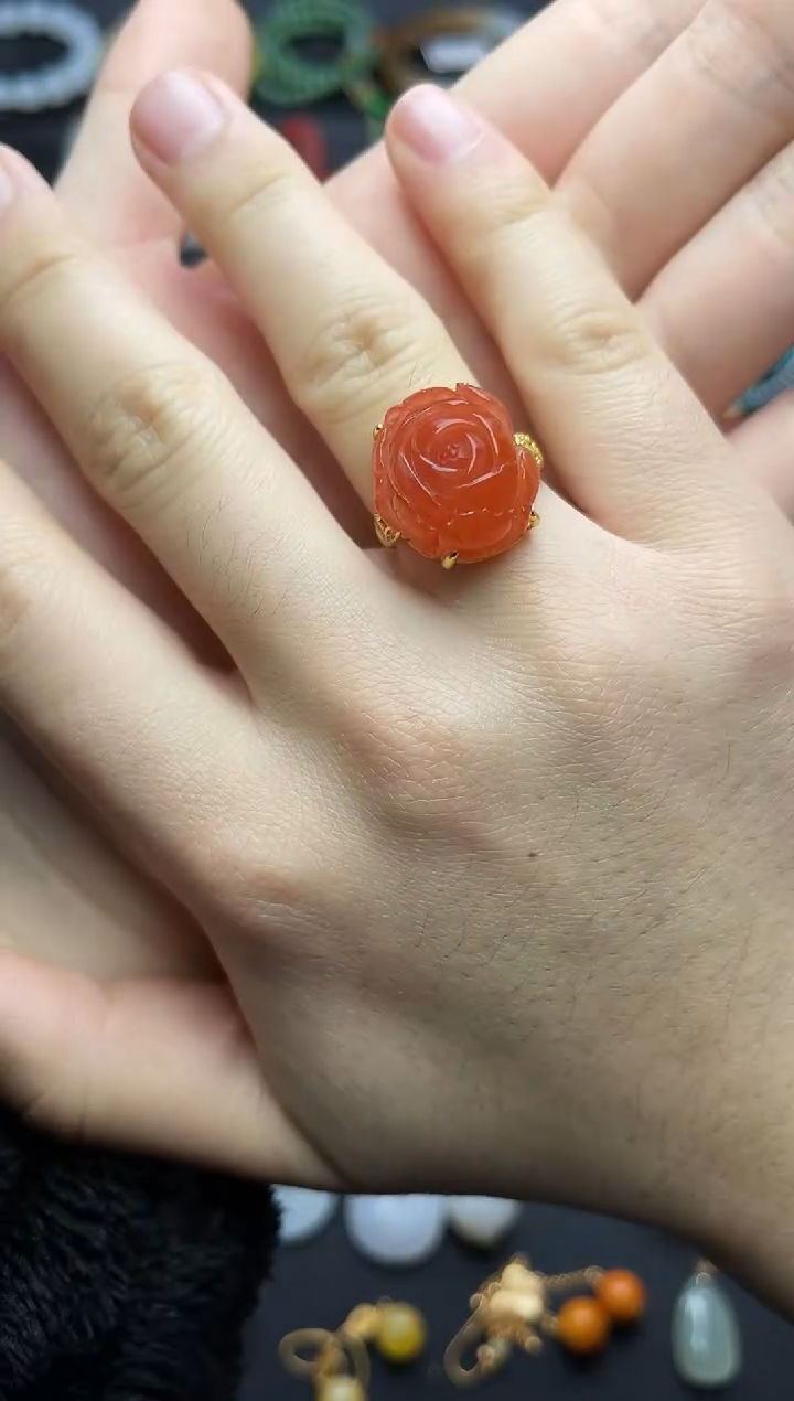 银S925镶嵌戒指南红玛瑙花花戒指06