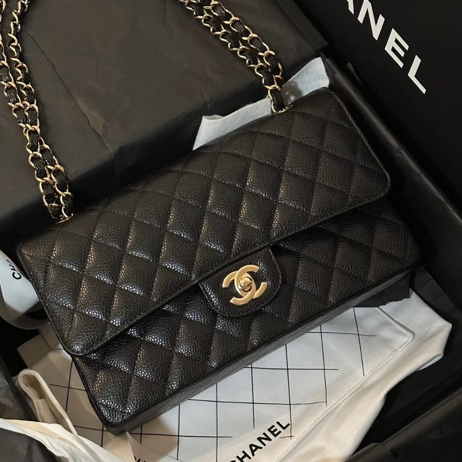 99新 Chanel/香奈儿 珊珊专属 CF 口盖包 中号 黑荔枝 芯片开