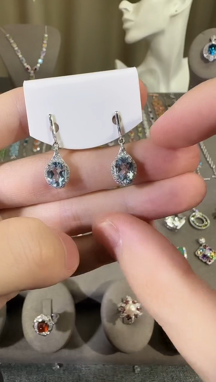银S925镶嵌托帕石耳饰9*7mm耳坠设计款