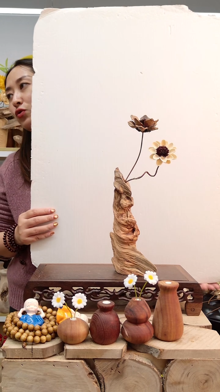 木实木花瓶连花带瓶子一套 
