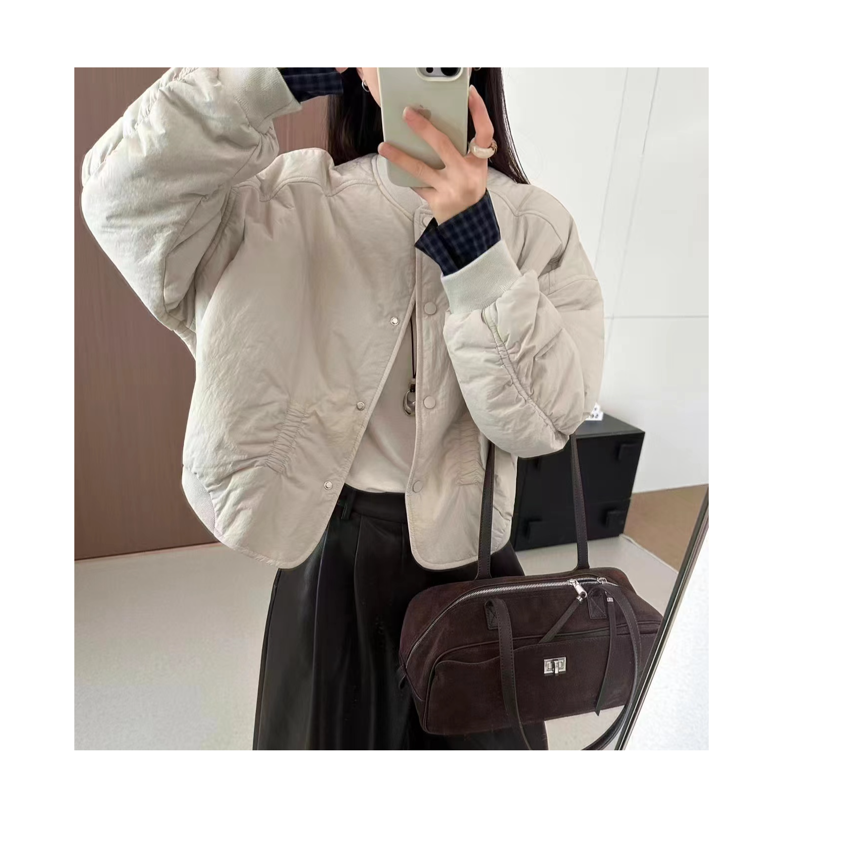 OH欧韩短款拼接格子袖口棉服