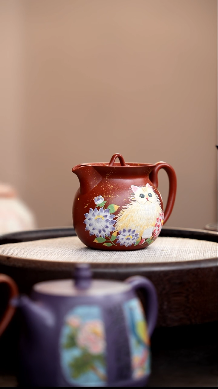茶壶紫砂朱泥蜜罐泥绘黄猫
