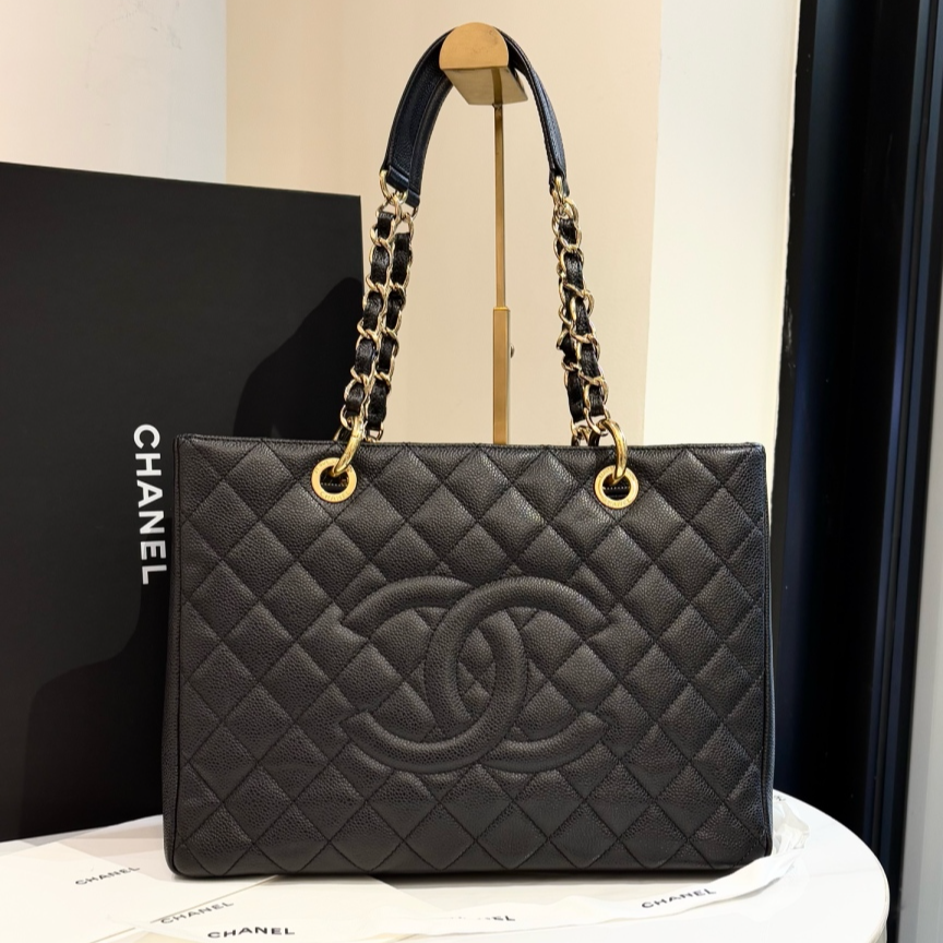 99新 Chanel/香奈儿 黑金 GST 荔枝纹 牛皮 托特包 中号99新/7528