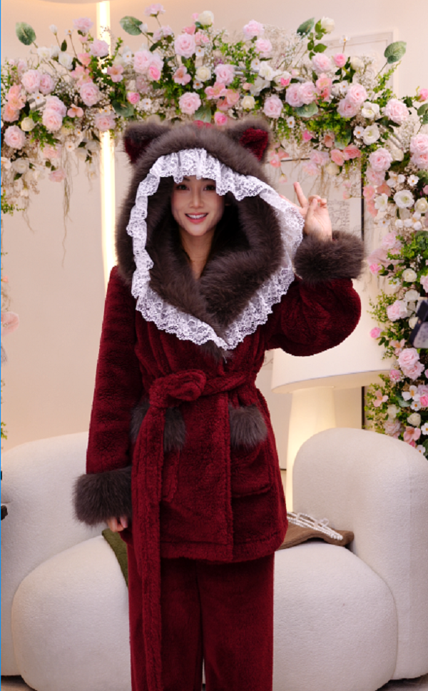 【红色小熊】女士保暖睡衣冬季家居服上新秋冬加厚毛领长款套装A165