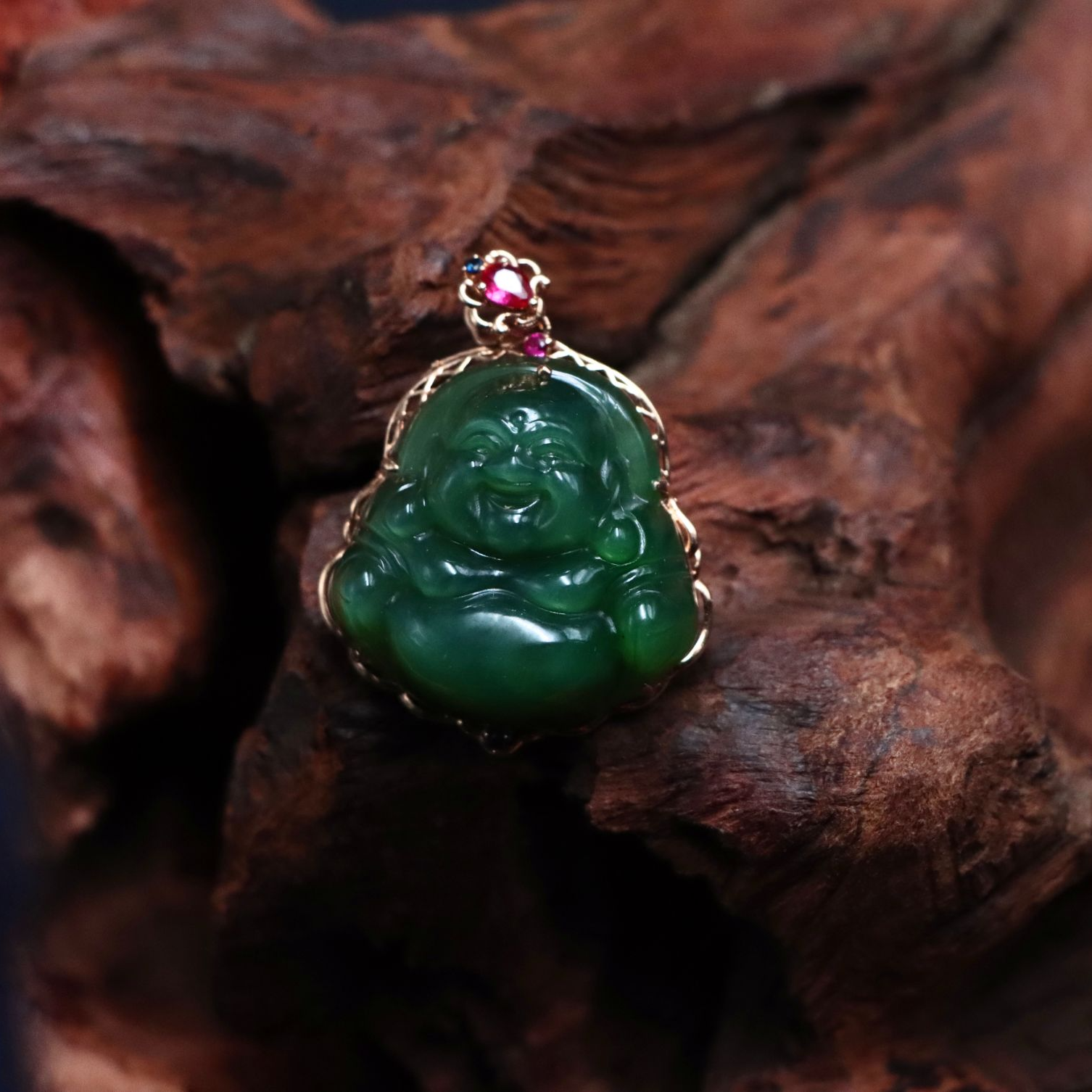 天然和田玉碧玉弥勒佛吊坠18k金镶