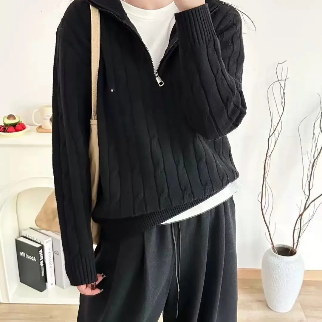 艳儿家【小马刺绣老钱风针织衫】慵懒风拉链立领宽松情侣秋冬毛衣