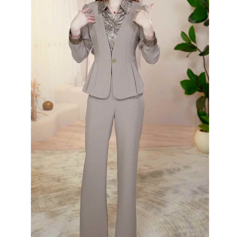 W8001高端时尚气质拼接套装2025秋季新款修身显瘦阔腿裤两件套