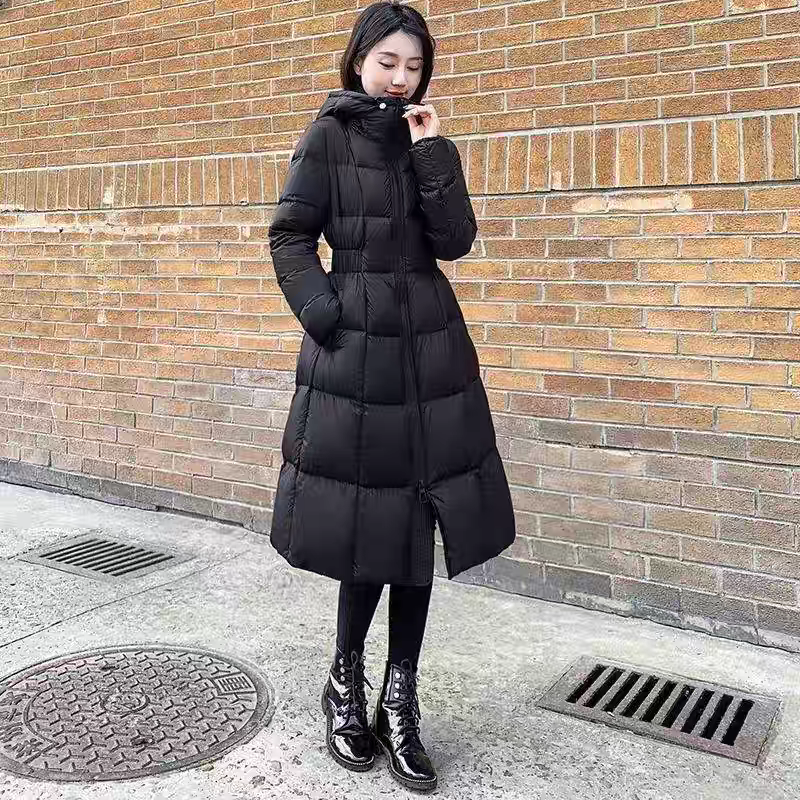 2025新款连帽女韩版修身中长款收腰时尚黑色加厚保暖冬季外套