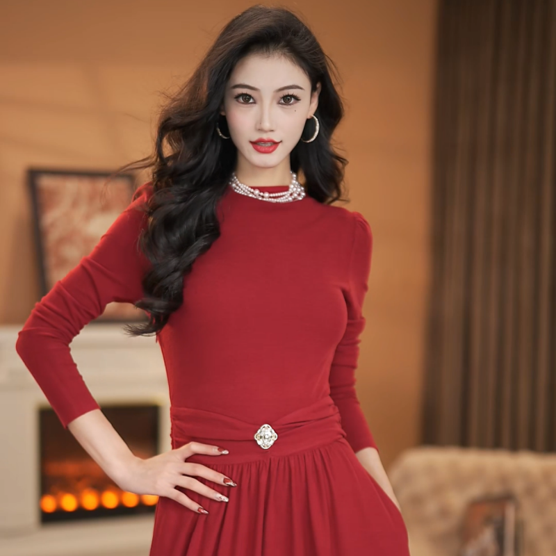 【于一】春暖花开 暖冬系列  新款女神范纯色气质优雅连衣裙-HZ1169