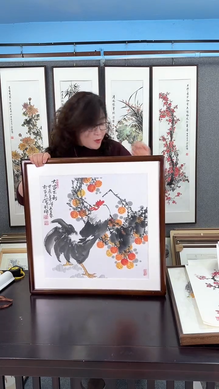 【闪购商品】国画实木装裱  公鸡画 50*50